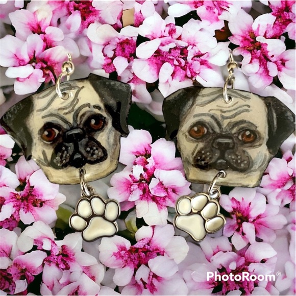 Pug dogs handpainted earrings dangle OOAK - Picture 1 of 3